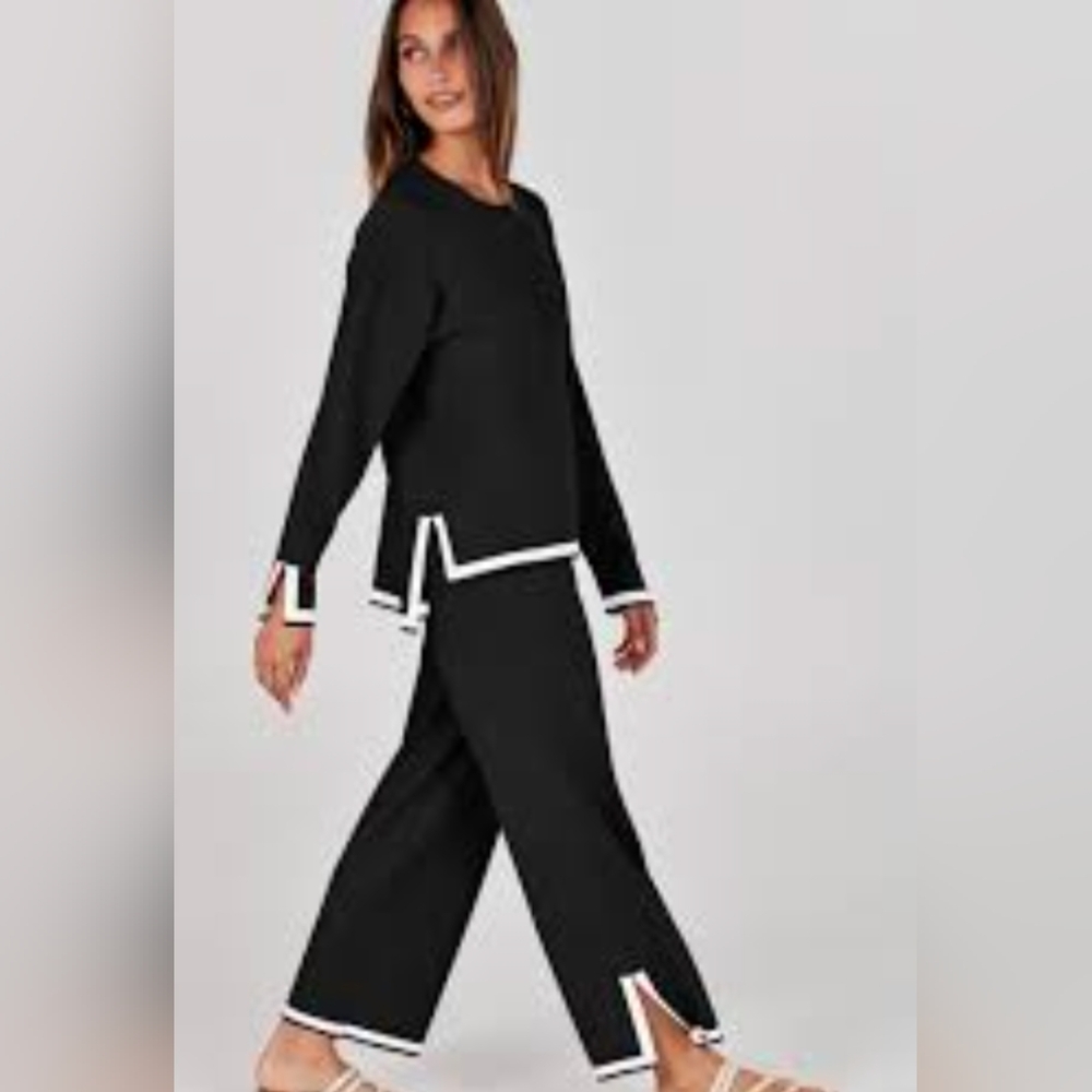 Black Long Sleeve Pant Set with Cream Trim, No Label, NWOT